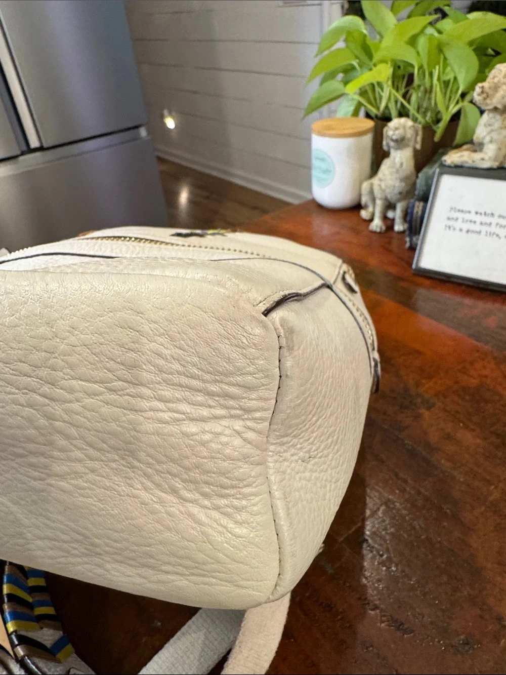 Henri Bendel White Leather Backpack with Multicolor Stitching